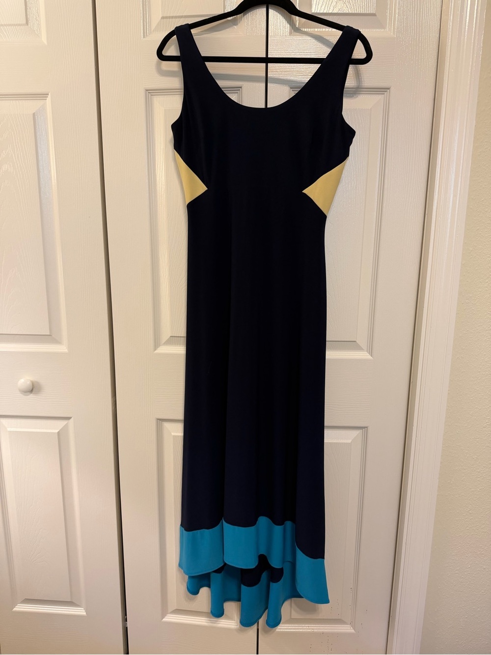 Chaps Navy Maxi Dress with Aqua Hem and Yellow Side Insets